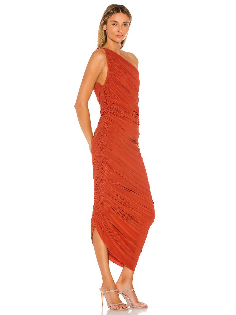 Norma Kamali One-Shoulder Ruched Midi Dress In Burnt Orange — image 4 of 8